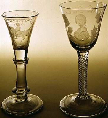 Hanoverian glass commemorating the Battle of the Boyne, 1690; Jacobite glass engraved with portrait of Bonnie Prince Charlie by English School